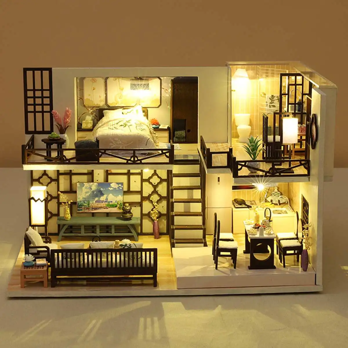 

DIY House Miniature LED Model Building Blocks Toys For Children Chinese Japanese Style Food Folk Architecture Dollhouse Puzzle