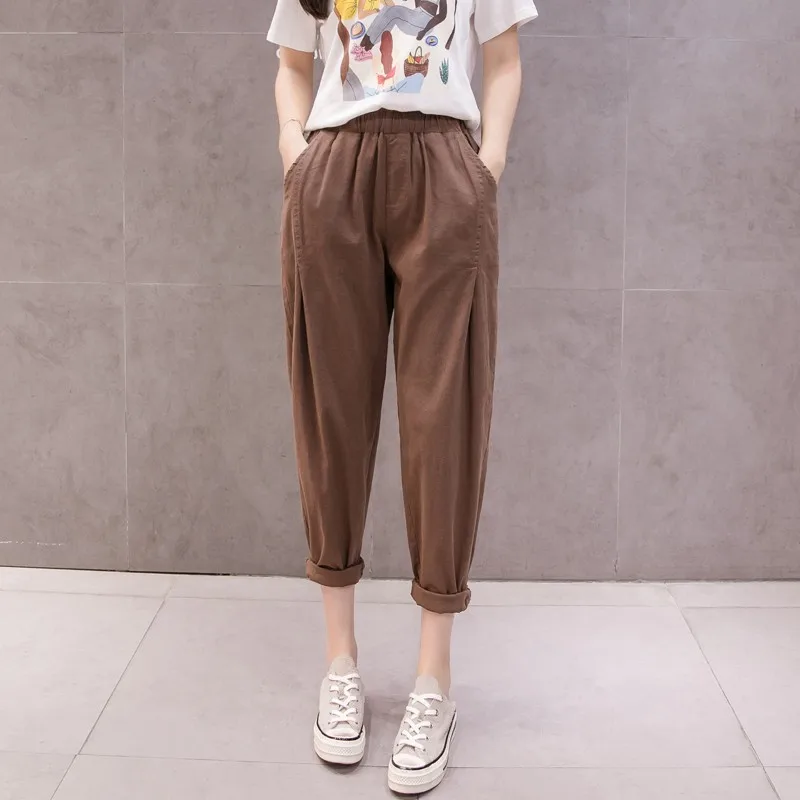 

Harajuku Loose Pants Women Summer New Elastic Waist Casual Harem Pants Korean Style Cotton Linen Black Ankle-Length Pantalones