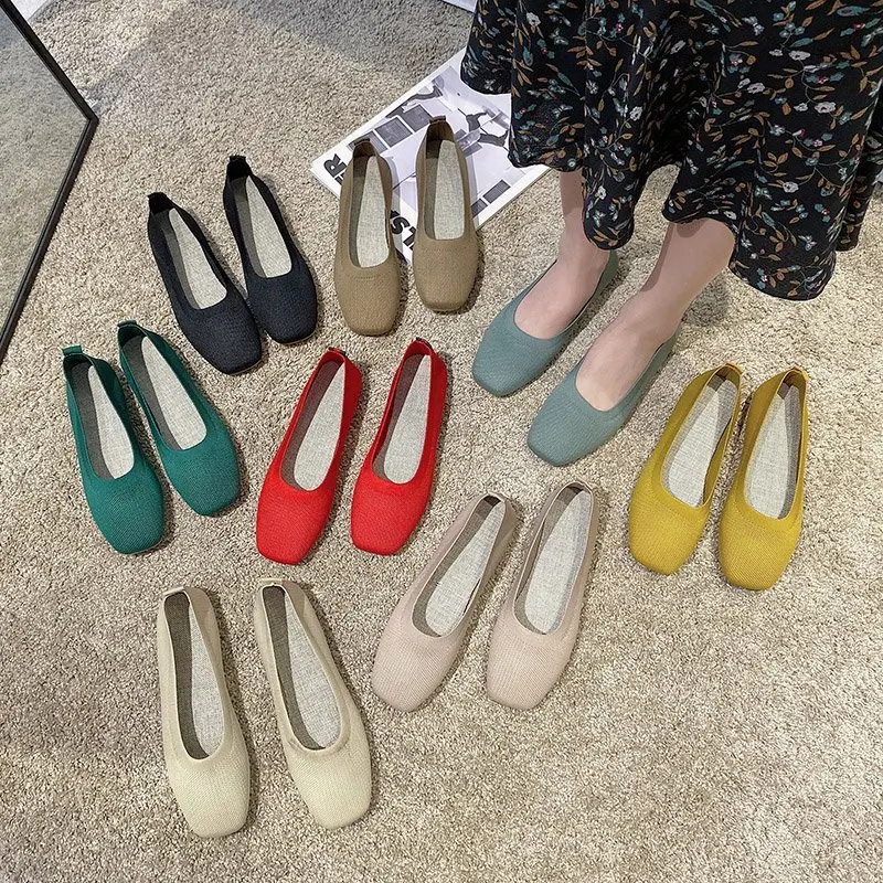 

2021Stretch Knit Fabric Shoes Spring NewWomen Flat Heel Anti Skid Ballet Flats Shoes Slip On Breathable LoaferFemale soft bottom