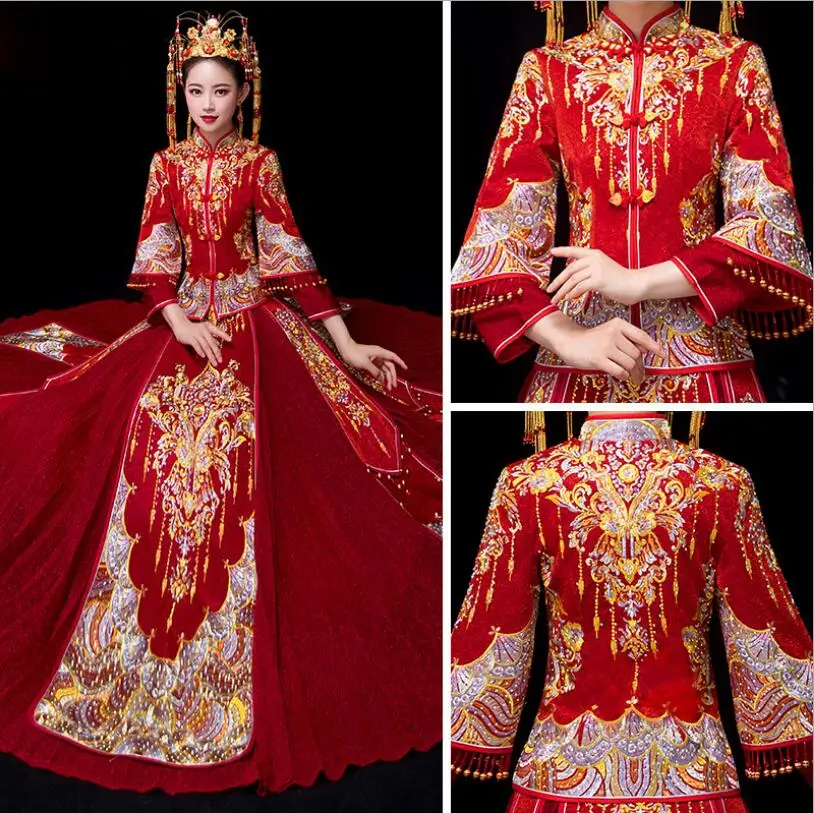 

High Quality Bride Traditions Red Women Phoenix Embroidery Cheongsam Long Wedding Dresses Traditional Chinese Dress