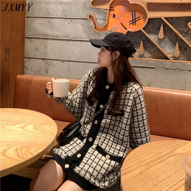 

JXMYY Autumn winter 2020 new style retro plaid loose lazy knitted sweater cardigan jacket all-match outer wear jacket women