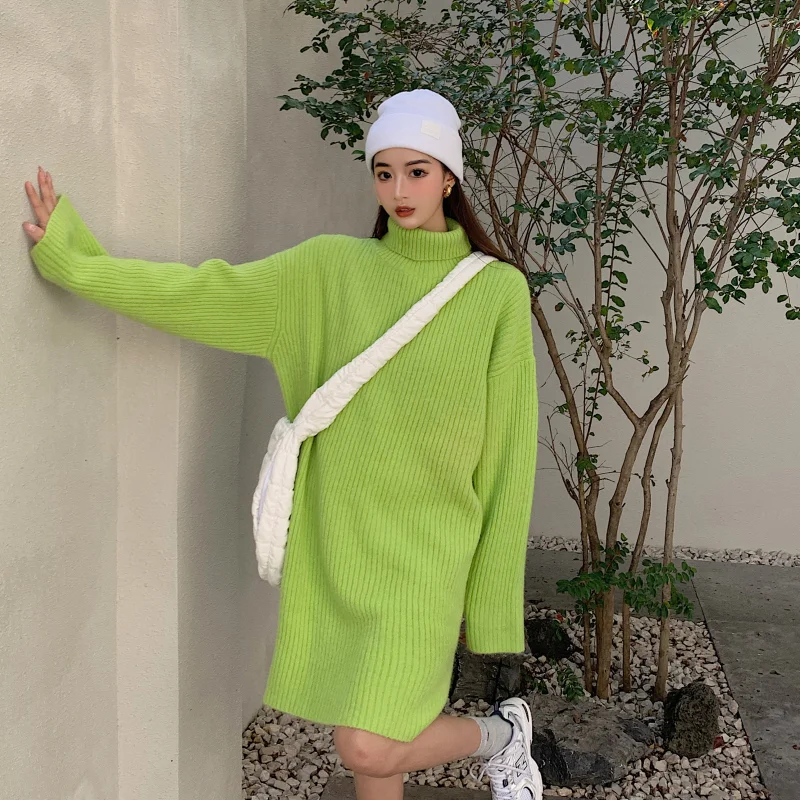 

Autumn Winter Turtleneck Sweaters Women Korean Loose Slit Long Sweater Green Long Sleeve Thick Warm Knitted Tops