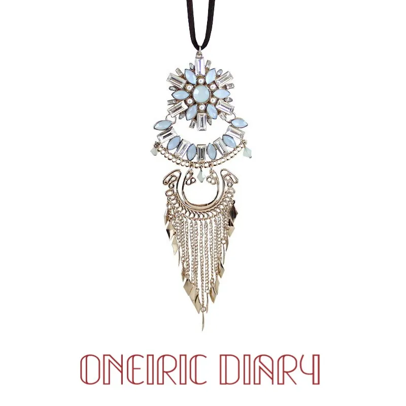 ONEIRIC Элегантное ожерелье с кисточкой голубым цветком и золотом Длинная кожаная