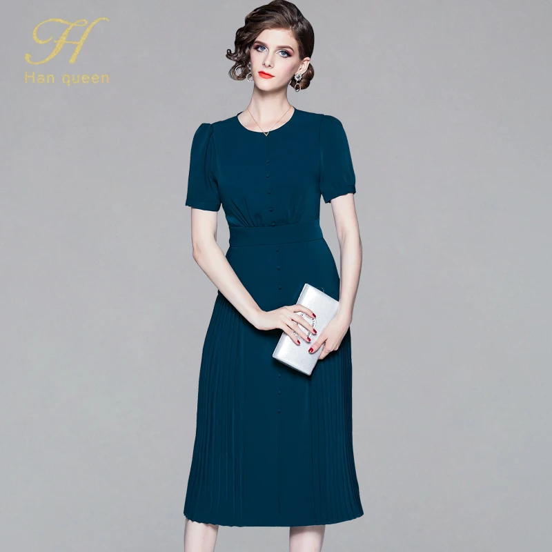 H Han queen женское осеннее подиумное складное вечернее платье vestidos дамское с круглым вырезом однобортное модное женское тонкое Повседневное платье для работы