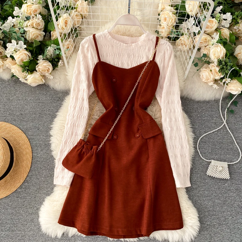 

Women's O Neck Long Sleeve Slim Elastic Bottom T-shirt + Spaghetti Strap Mini Dress Suits Sweet Lady Two Piece Set