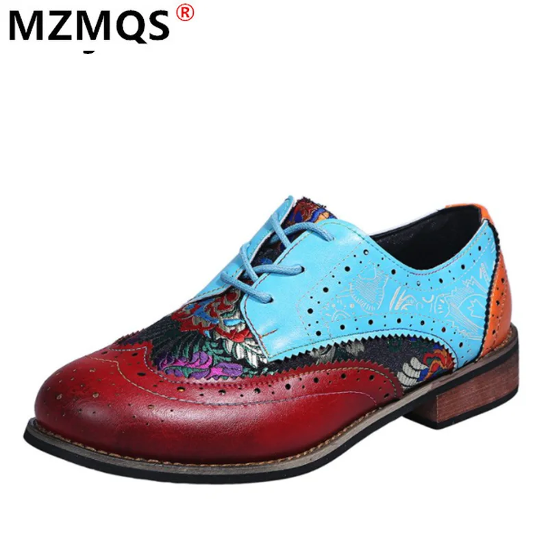 

2021 Spring Women Flats Shoes Fashion Matching Printing Lace Up Flat Casual Shoes PU Leather Low-heeled Comfortable Women Shoes