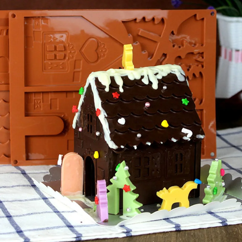 

2pcs Set DIY Three-dimensional Christmas House Silicone Chocolate Mold Gingerbread House Baking Cake Cookie Mold