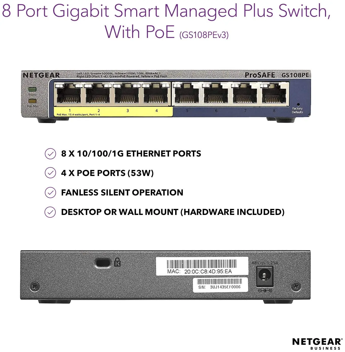 Умный управляемый коммутатор NETGEAR GS108PE с 8 портами Gigabit Ethernet 4 x PoE 53 Вт и