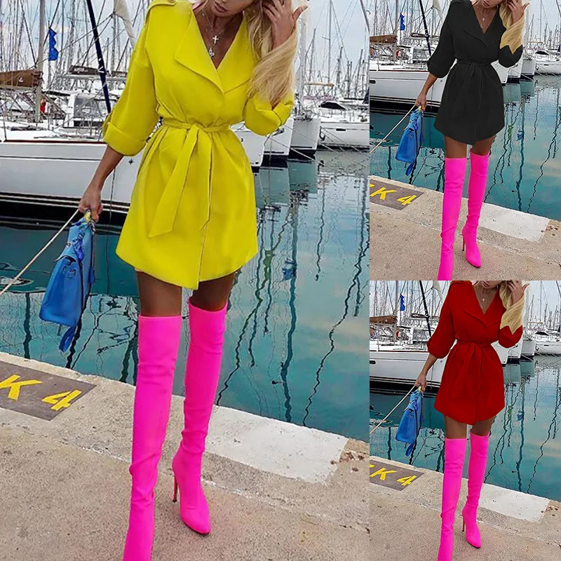 

Shirt Dress with Belt Long Sleeve Mini Short Dresses Yellow Red Black Elegant Sexy Dress Women Casual Clothes Vestidos Mujer