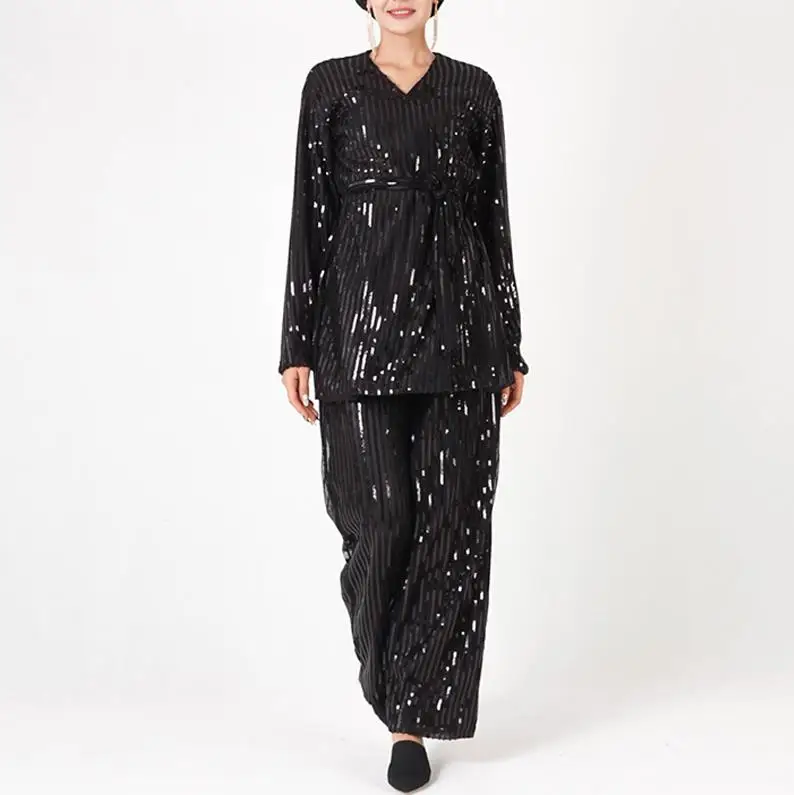 Black set Блесток abaya Дубай мусульманский Топ ансамбль Femme 2 шт. Pantalon Оман Пакистан Исламская молитва одежда для женщин хиджаб платье комплект - Цвет: Black set