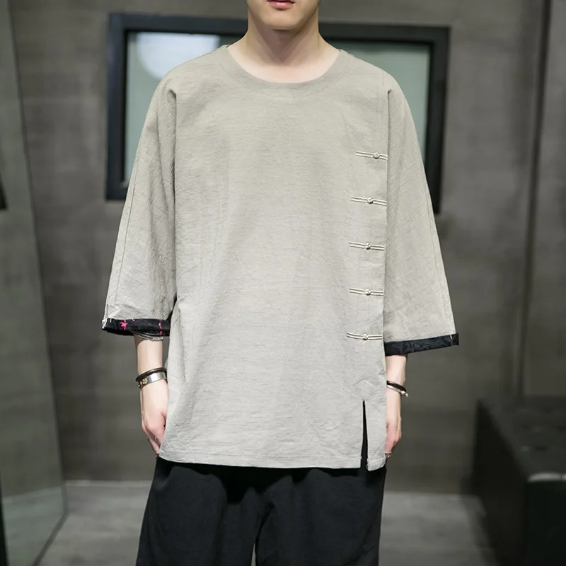 

Chinese Style Three-Quarter Sleeves Summer Plus Size T Shirt 2021 Japanese Harajuku Cotton Linen Tang Tops Men Clothing Q874