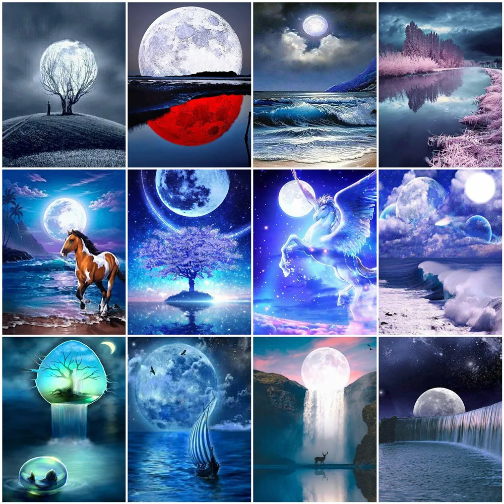 

HUACAN Full Diamond Painting Lake DIY 5D Diamond Embroidery Night Mosaic Rhinestone Cross Stitch Moon Home Decoration