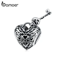 bamoer heart lock and key charm for original bracelet 925 sterling silver vintage style charm women jewelry making scc1447