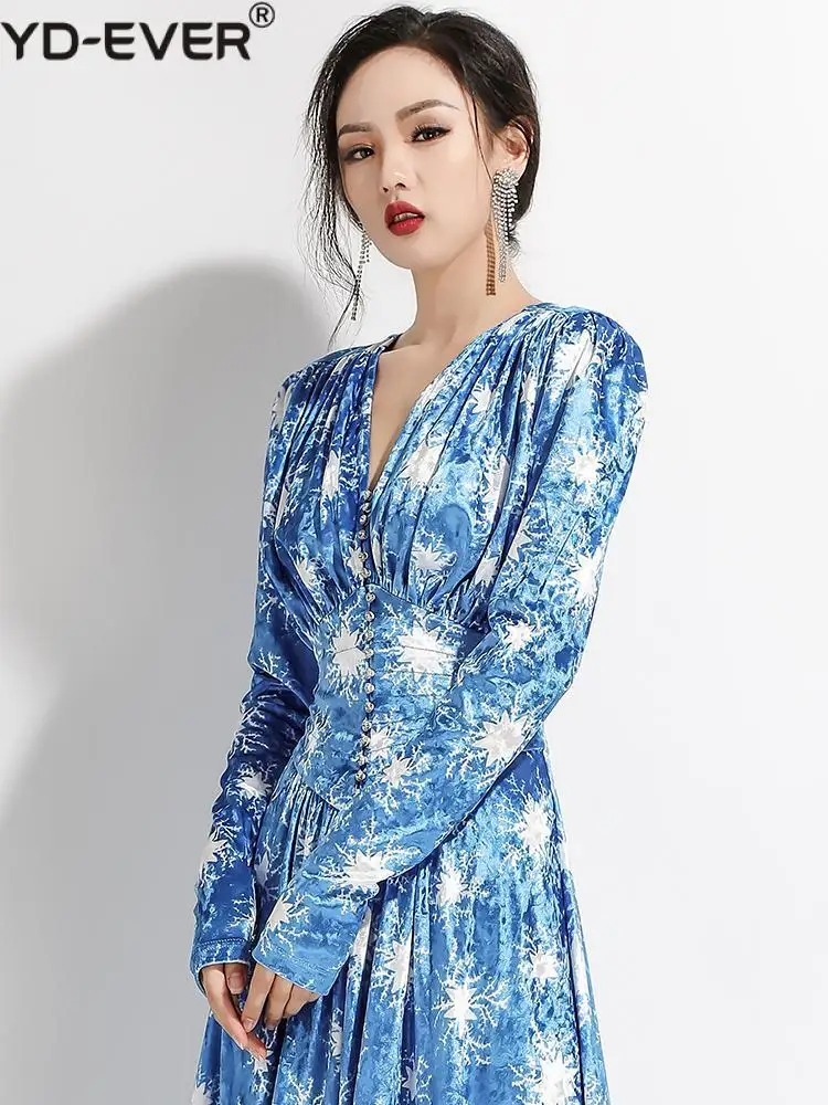 Женское бархатное платье с V-образным вырезом дизайнерское подиумное синее