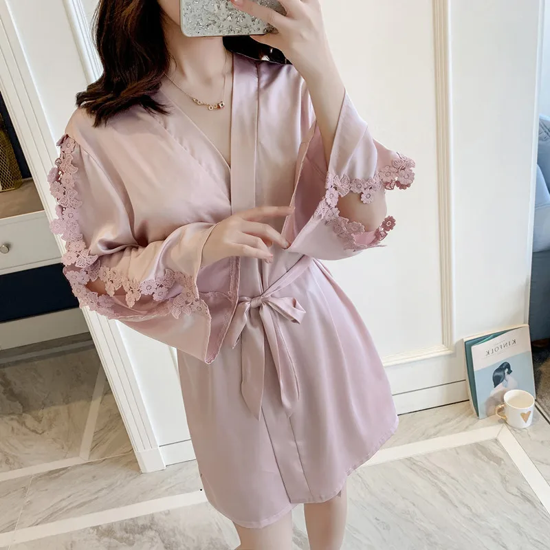 

Women Lace Flower Trim Kimono Robe Gown With Belt Autumn Satin Nightdress Sleeve Hollow Out Bathrobe Sexy V-Neck Home Dress