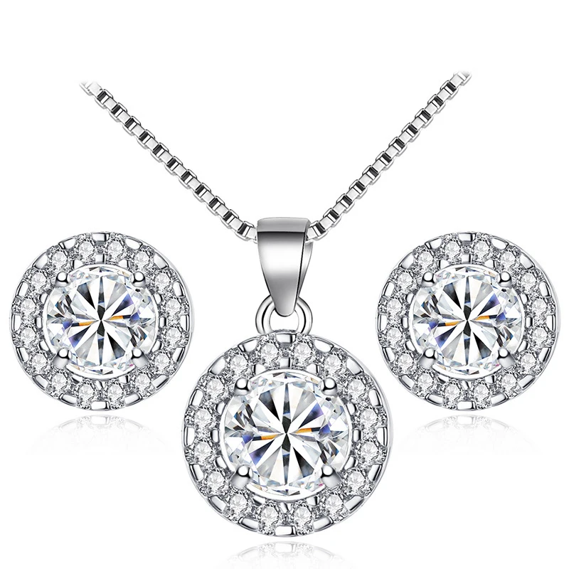 

Luxury Round Zircon Women Jewelry Sets with 925 Sterling Silver Crystal Stud Earrings Necklace Set For Weddings Party Gifts