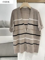 2021 new women fashion striped beaded chain v neck short sleeved wool knit cardigan