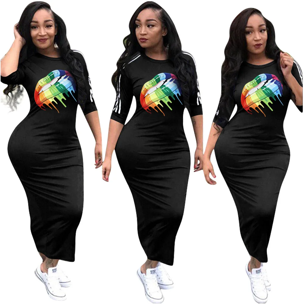 Повседневное Для женщин Bodycon платье летние модные разноцветные радужные губы офсетная печать обхват талии, обхват бедер, ужин платья для Для женщин vestidos mujer