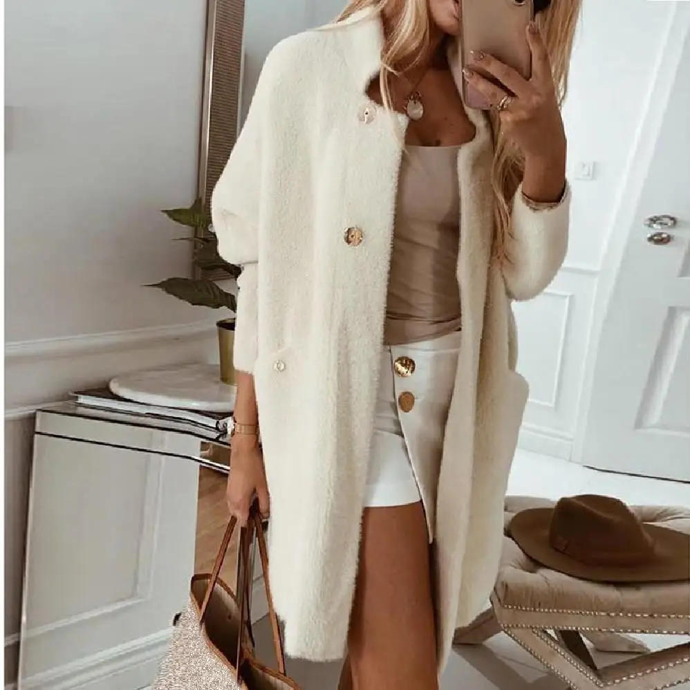 Осенне зимнее женское длинное пальто куртка на пуговицах теплое модное