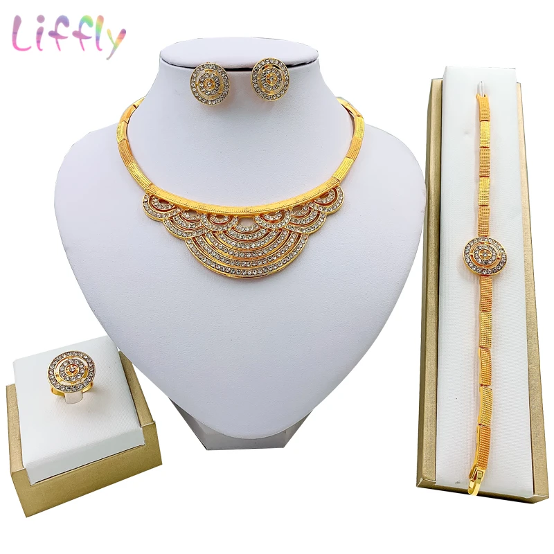 Jewelry Sets Liffly, модная Цветочная бижутерия, наборы, Дубай, очаровательные, свадебные, вечерние ювелирные изделия, кристалл, ожерелье, серьги, кольцо, браслет для женщин - Окраска металла: Jewelry Sets