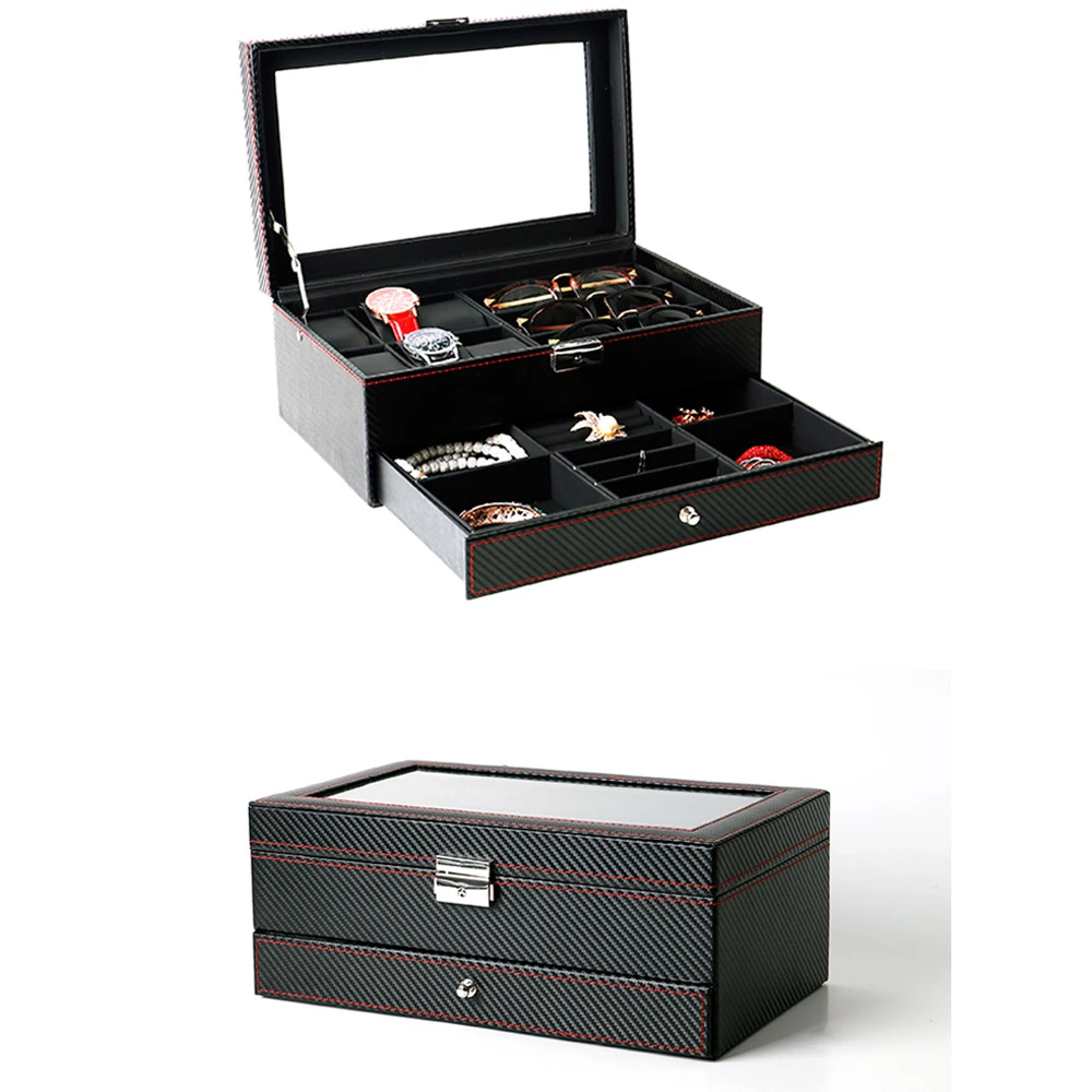 CdyBox коробка для часов из черной углеродистой кожи двойная ювелирных изделий