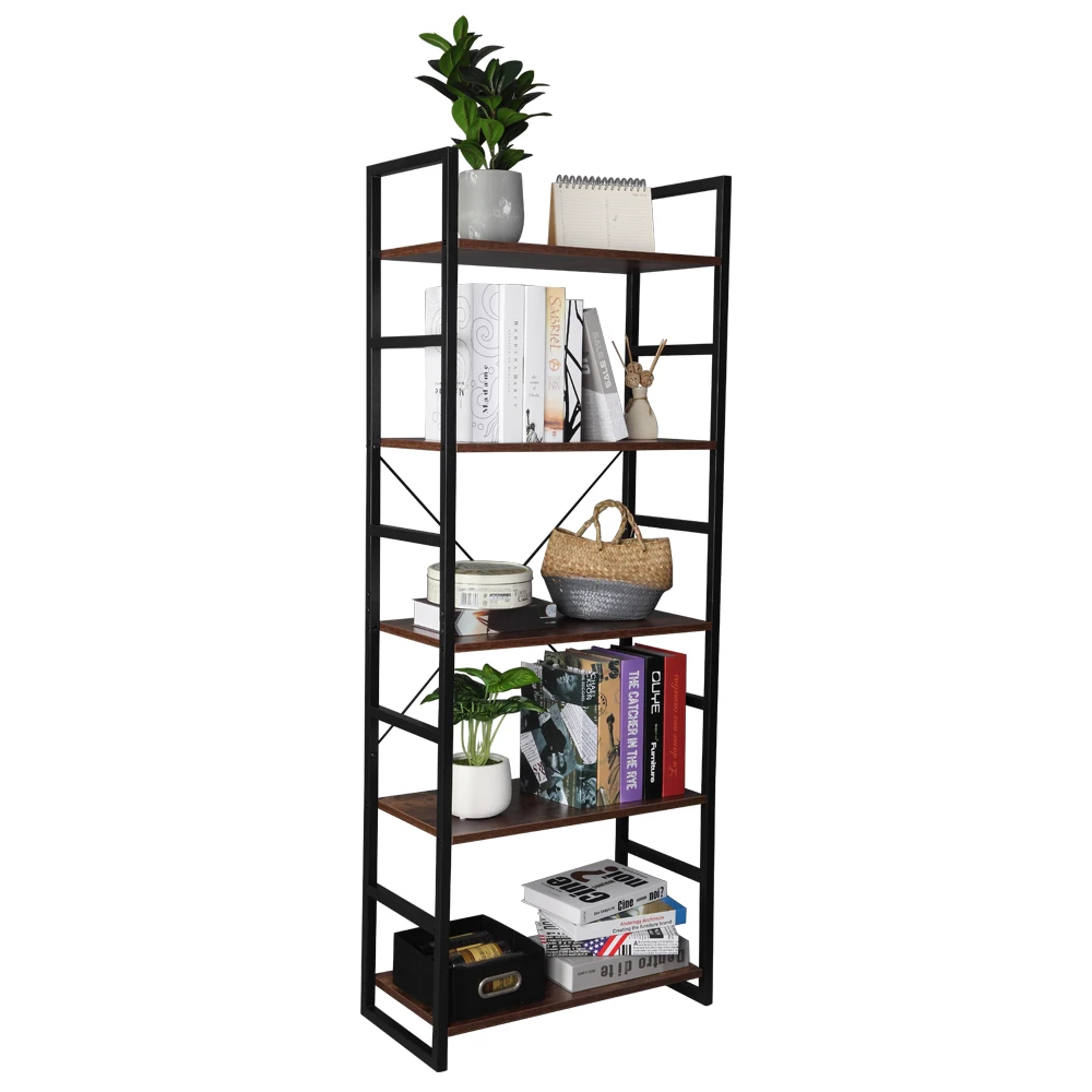 

5 Tier Vintage Bookcase Shelf Storage Organizer Wood and Metal Bookshelf Rack 60x30x158CM[US-Stock]