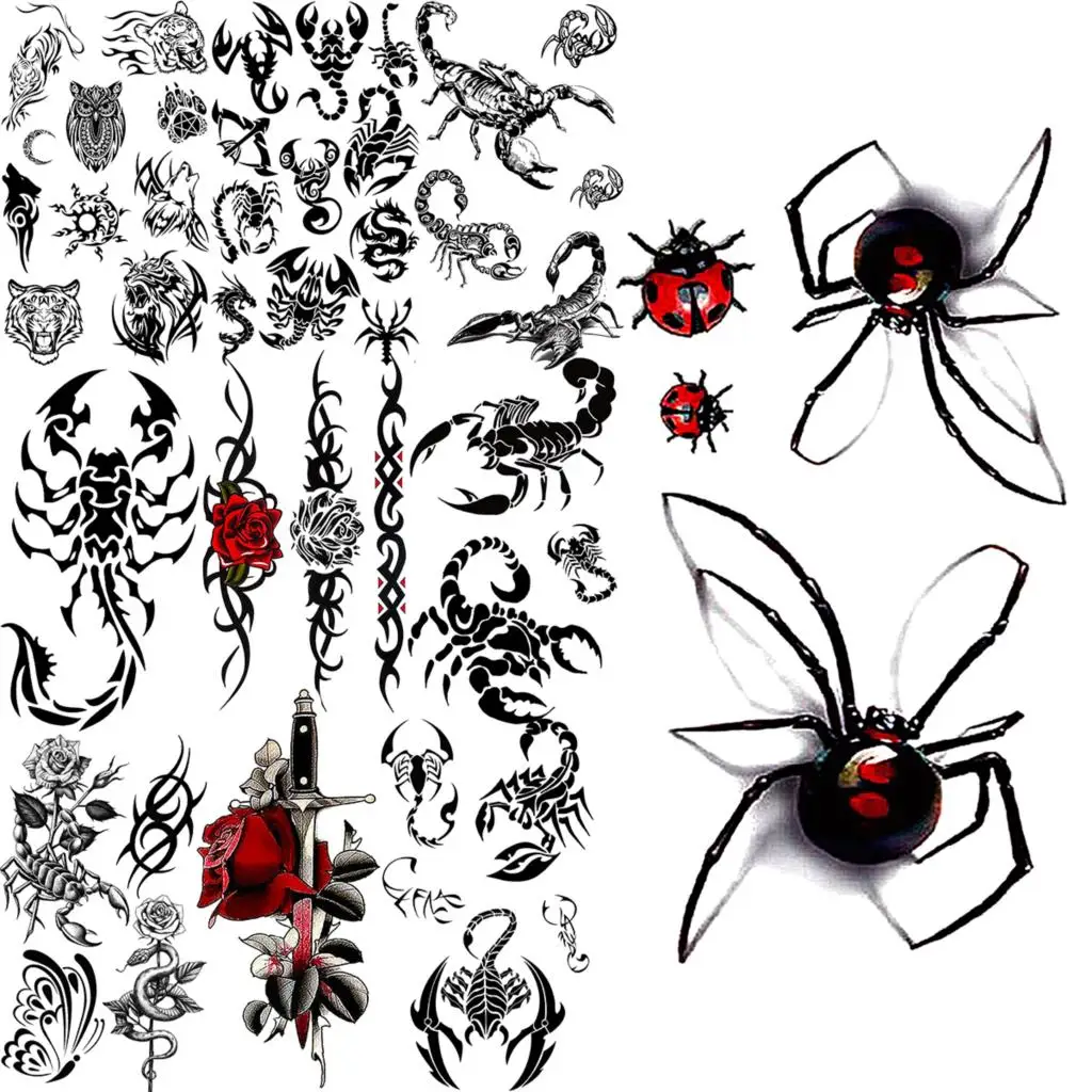 

Cool 3D Spider Temporary Tattoos For Women Adults Realistic Scorpion Thorns Red Rose Fake Tattoo Sticker Body Hand Tatoos Badge