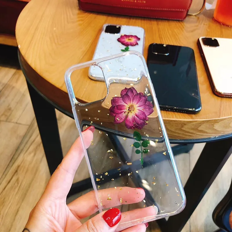 Новый чехол с розами для iphone 11 Pro Max прессованными цветами прозрачный мягкий из