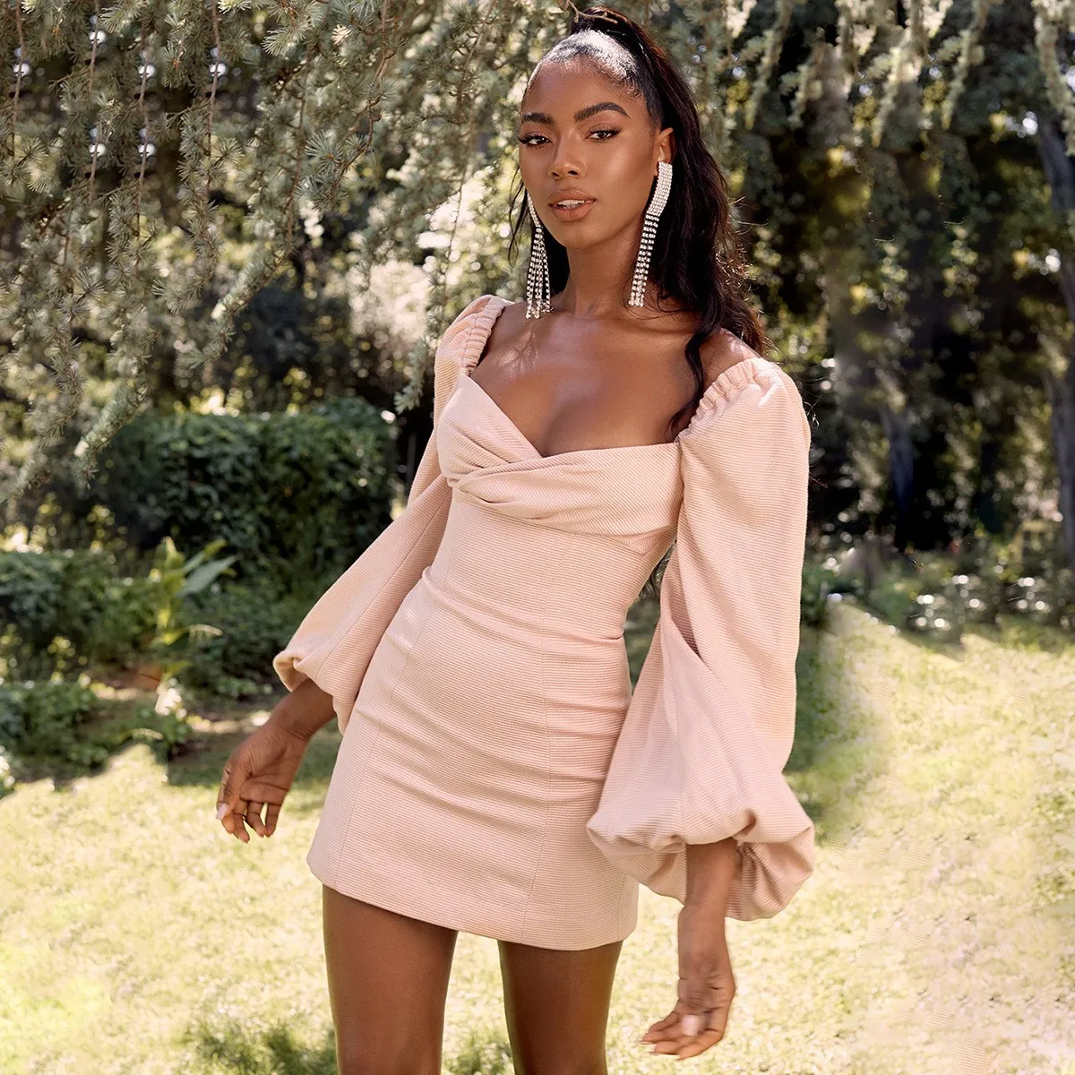 Сексуальное облегающее мини-платье с рукавами-фонариками элегантное женское