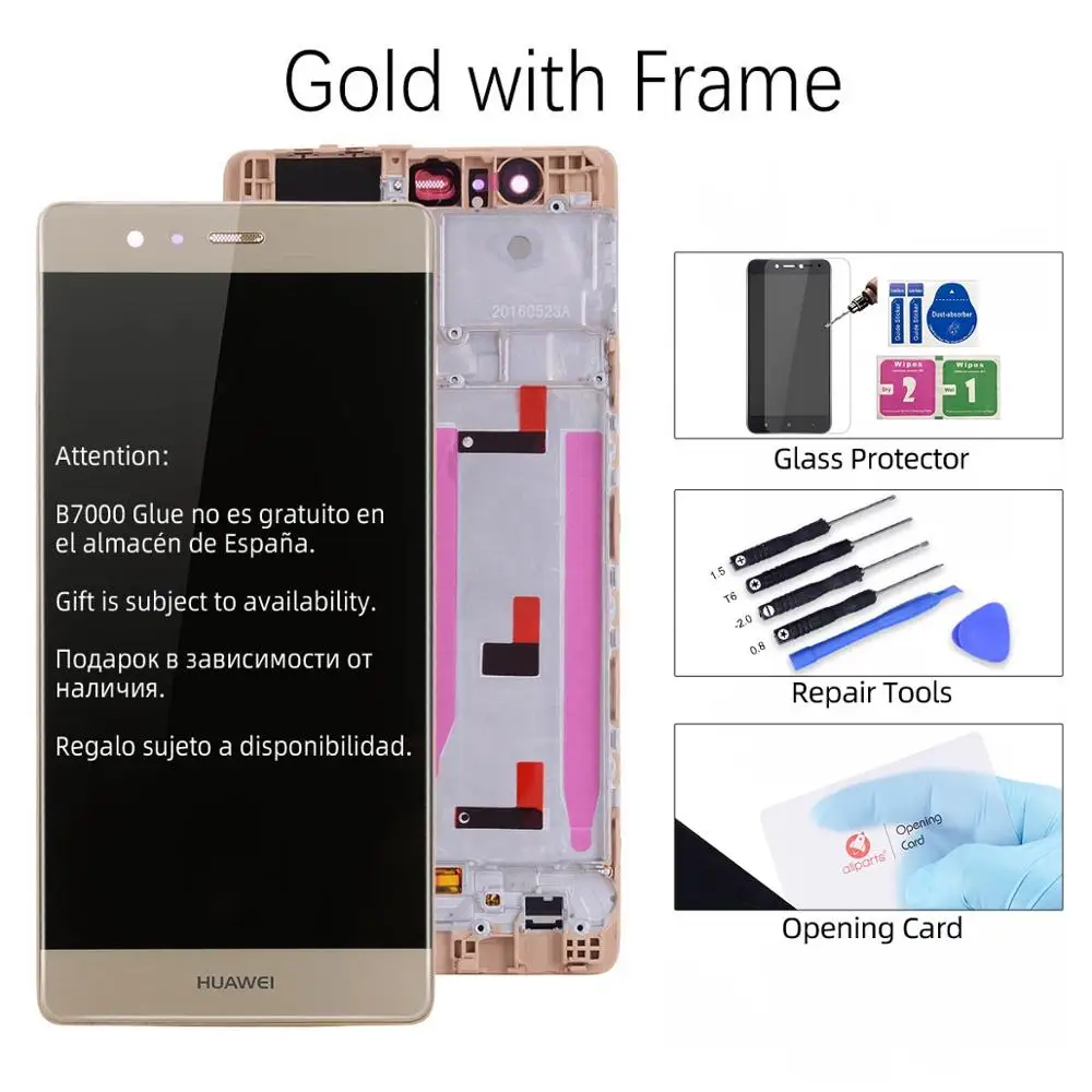 Дисплей для HUAWEI P9 EVA-L09 EVA-L19 LCD в сборе с тачскрином на рамке 5.2'' черный белый золото - Цвет: Gold with Frame