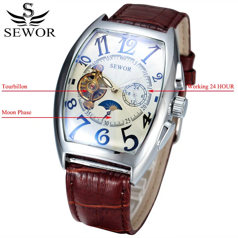 Brown SEWOR, классические Tourbillon мужские часы, брендовые Роскошные автоматические часы, золотой чехол, мужские часы с календарем, черные механические часы - Цвет: Brown