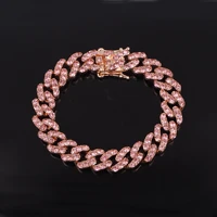 rose gold pink crystal womens bracelets mens hip hop miami cuban link curb chain 12mm silver color iced out rapper punk singer