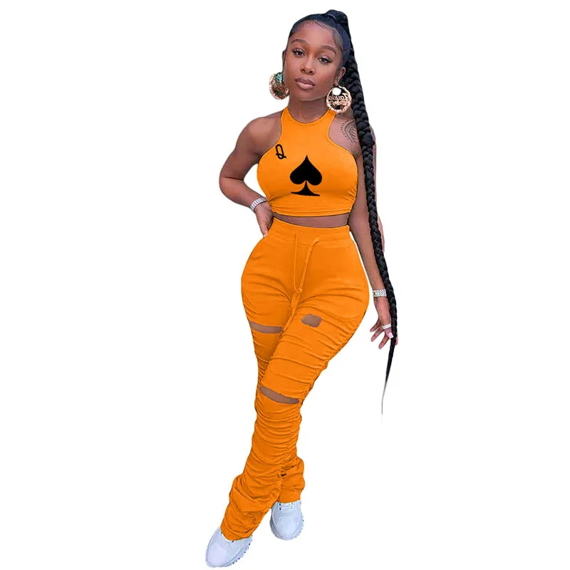 

ZKYZWX Sexy Print Two Piece Set Women Summer Clothes Crop Top Hole Stacked Leggings Pants Matching Sets Club Birthday Outfits