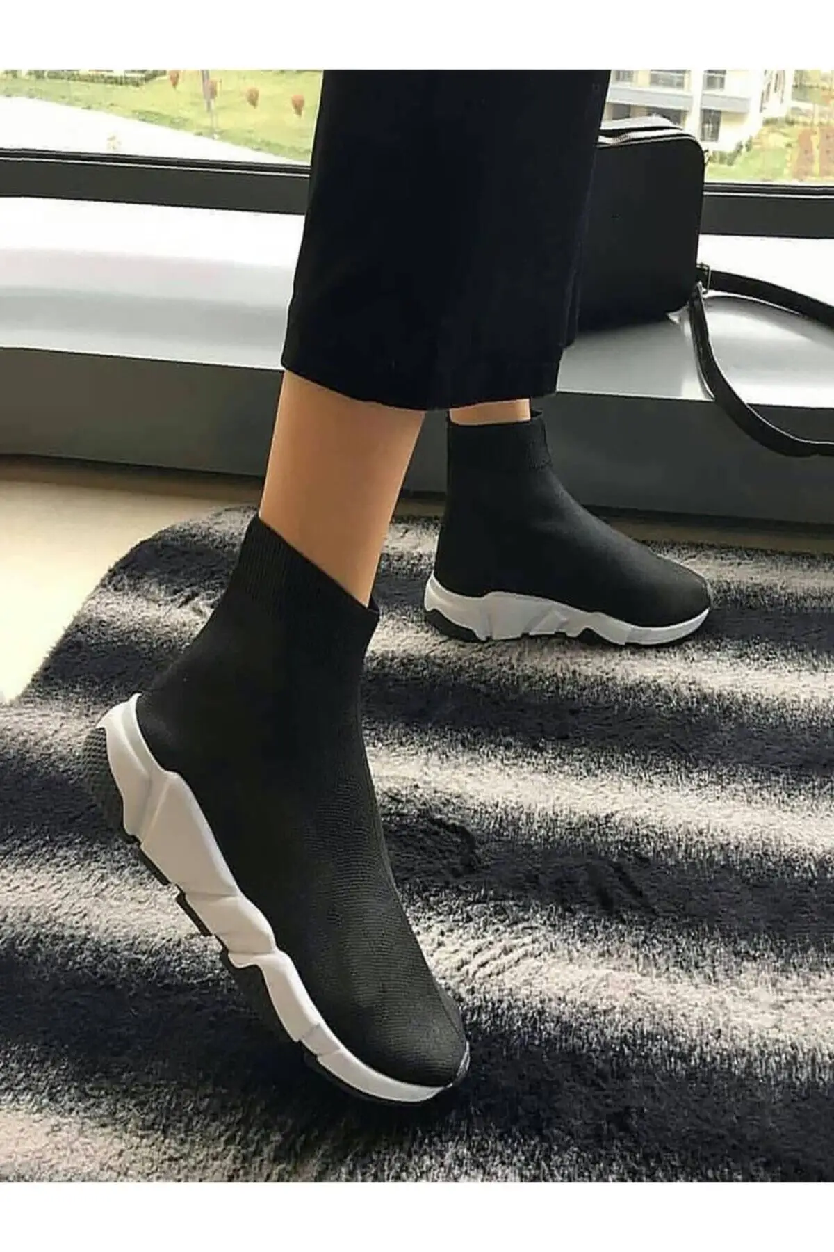 

Women knitted socks running sports casual Black Sock High Sole Sneakers Shoes NOVELIA