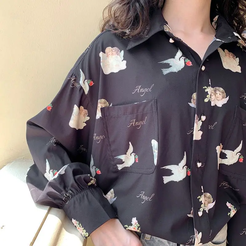 

Women Vintage Lantern Sleeve Lapel Blouse Button Down Cute Angel Prins Autumn Spring Loose Tops Harajuku with Pockets