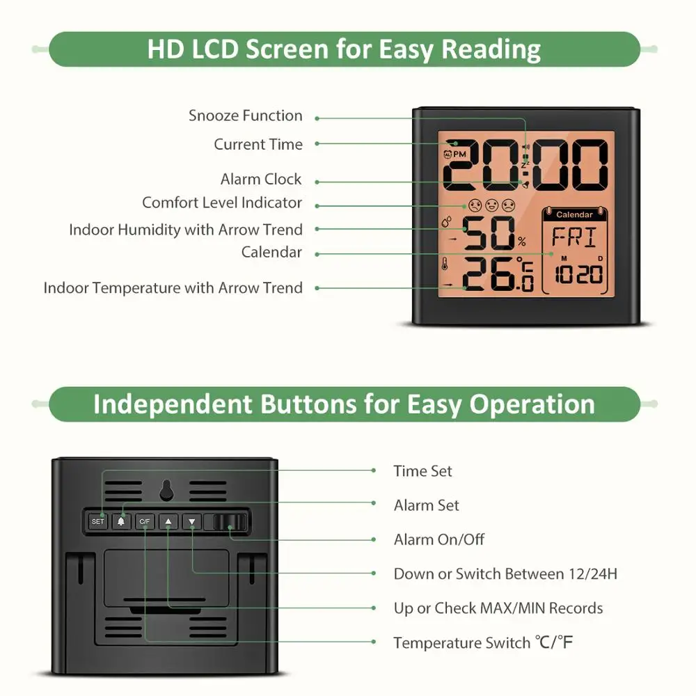 Часы-Будильник Mpow цифровые с гигрометром термометром и монитором влажности | Дом