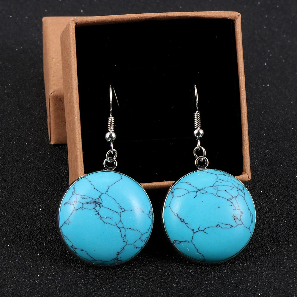 Женские круглые висячие серьги с натуральным камнем из оникса лабрадорита