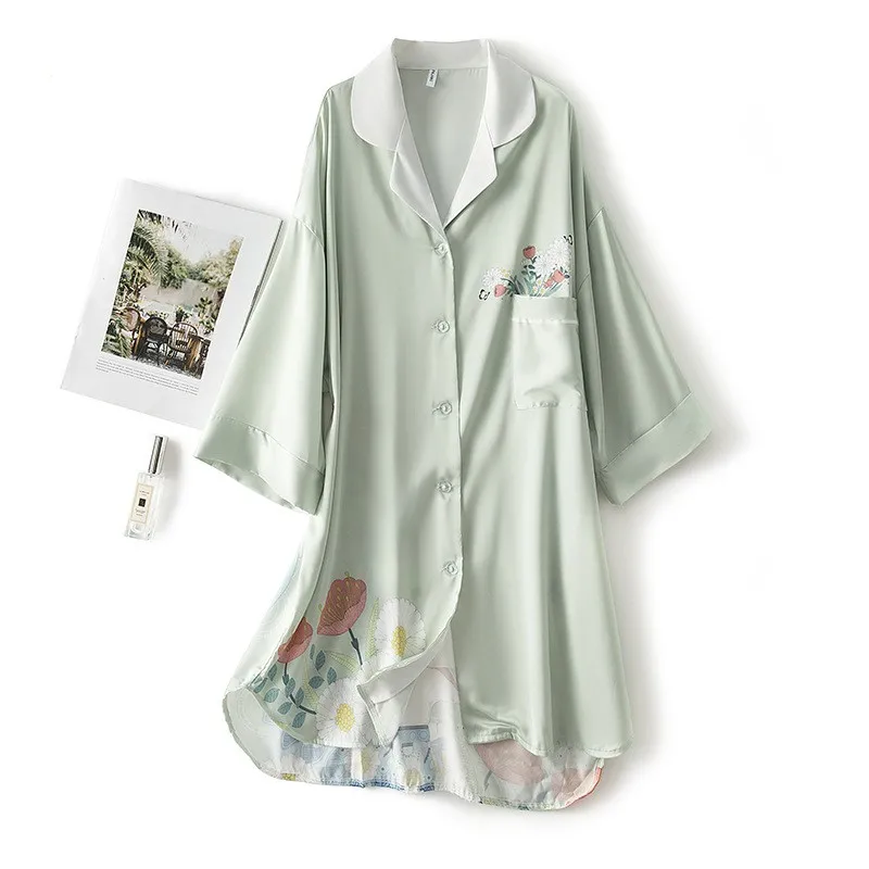 

Casual Print Sleep Shirt Soft Nightwear Sleepdress 2021 New Satin Silky Nightdress Loose Lounge Wear Intimate Lingerie Sleepwear