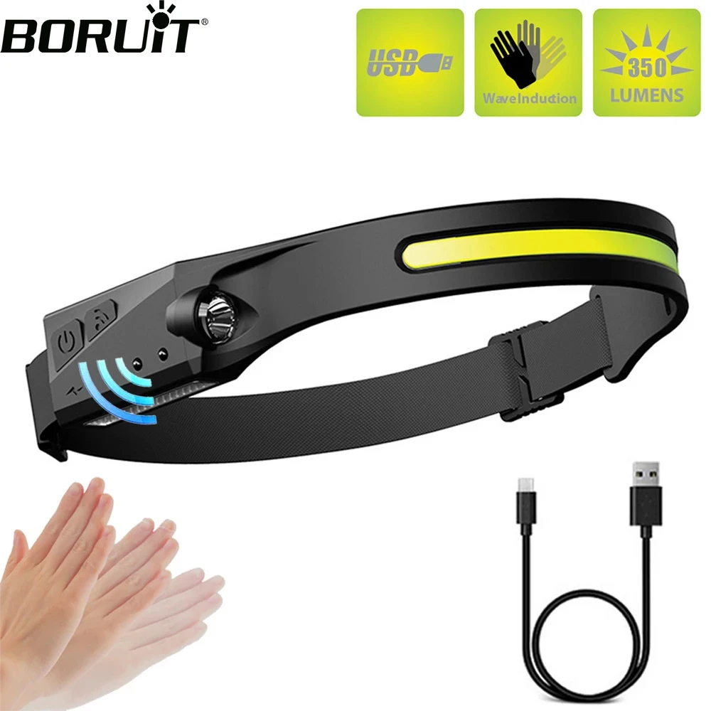 BORUiT COB светодиодный налобный фонарь с датчиком движения 5-режимный светильник