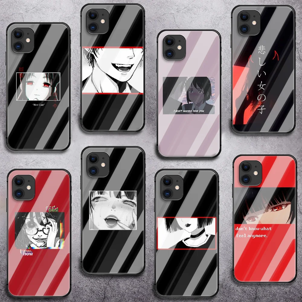 

Black Sad Anime Manga Tempered Glass Phone Case For IPhone 5 6 7 8 11 12 13 S SE X Xs Xr Plus Pro Max IPhone13 Mini Cover Cell