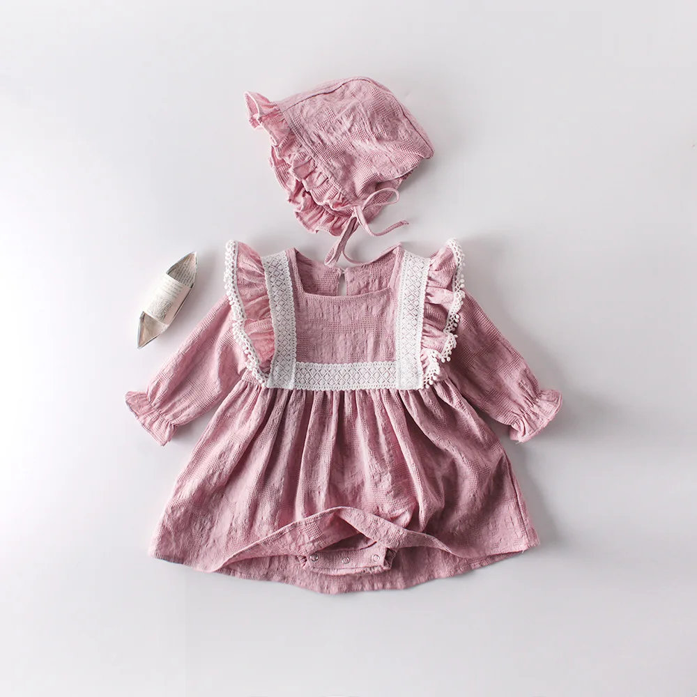 

2Pcs New Baby Girl Cotton Long Sleeve Solid Lace O-Neck Romper Dress Suits Casual Spring Autumn Outfits Infant Clothes