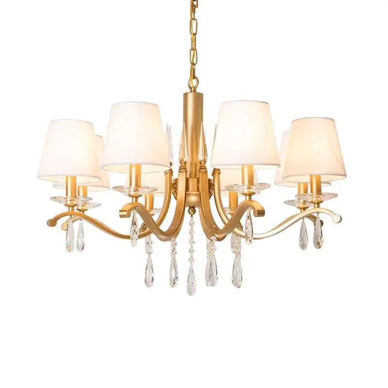 

Золотая люстра в европейском стиле, хрустальное освещение, люстры с абажуром из белой ткани, фотолюстры