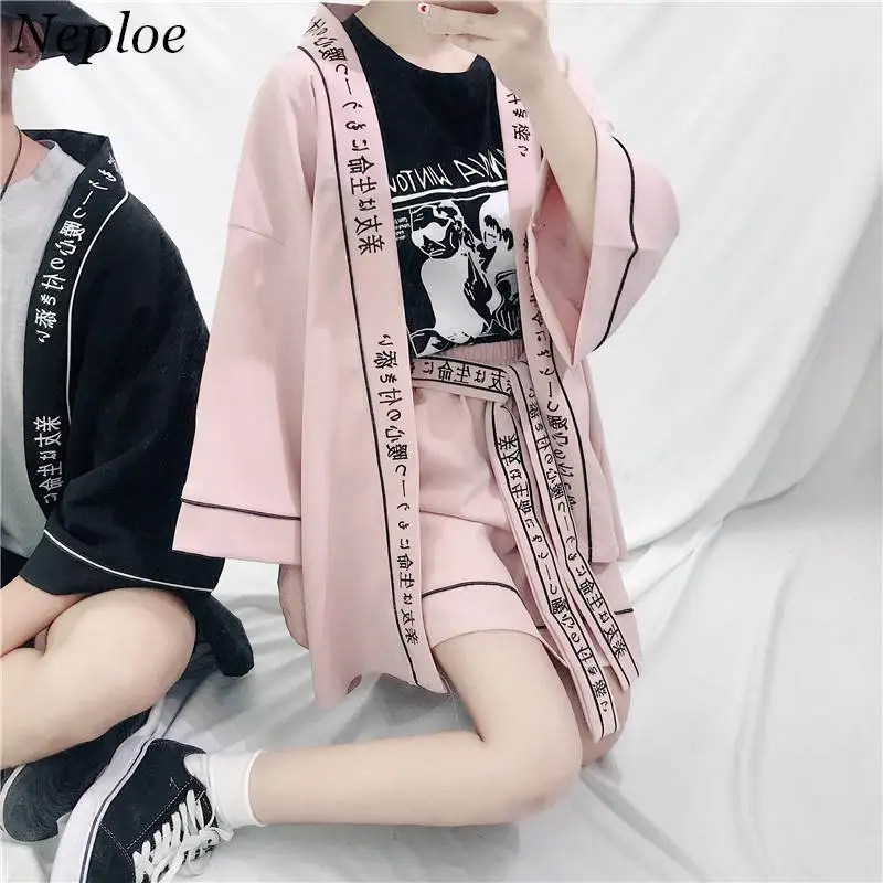 Neploe женский кимоно кардиган японский принт розовая блузка Рубашки 2019 Осенние