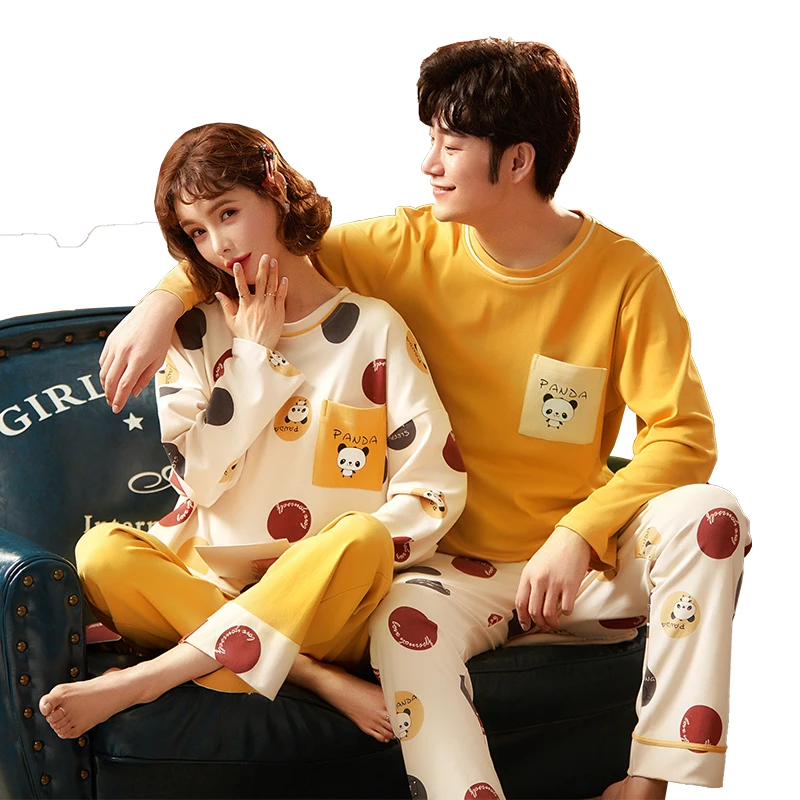 Осенний хлопковый пижамный комплект для пары пижама с рисунком Женская длинным