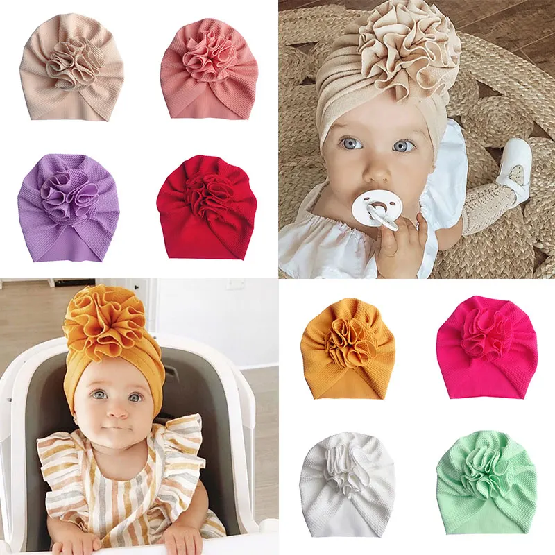 

Summer New born Baby India Hat Infants Soft Solid Knot Flower Cap Boy Girl Cotton Toddler Turban Hats Photography Props