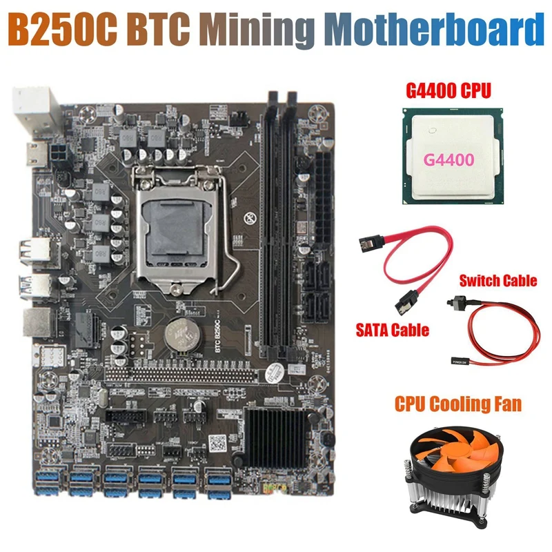 

B250C Mining Motherboard with Fan+G4400 CPU+Switch Cable+SATA Cable 12 PCIE to USB3.0 GPU Slot LGA1151 Support DDR4 RAM