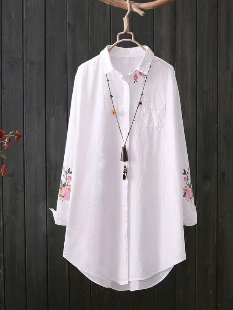 Белая женская рубашка из 100% хлопка Новинка лета 2021 винтажная свободная прямая