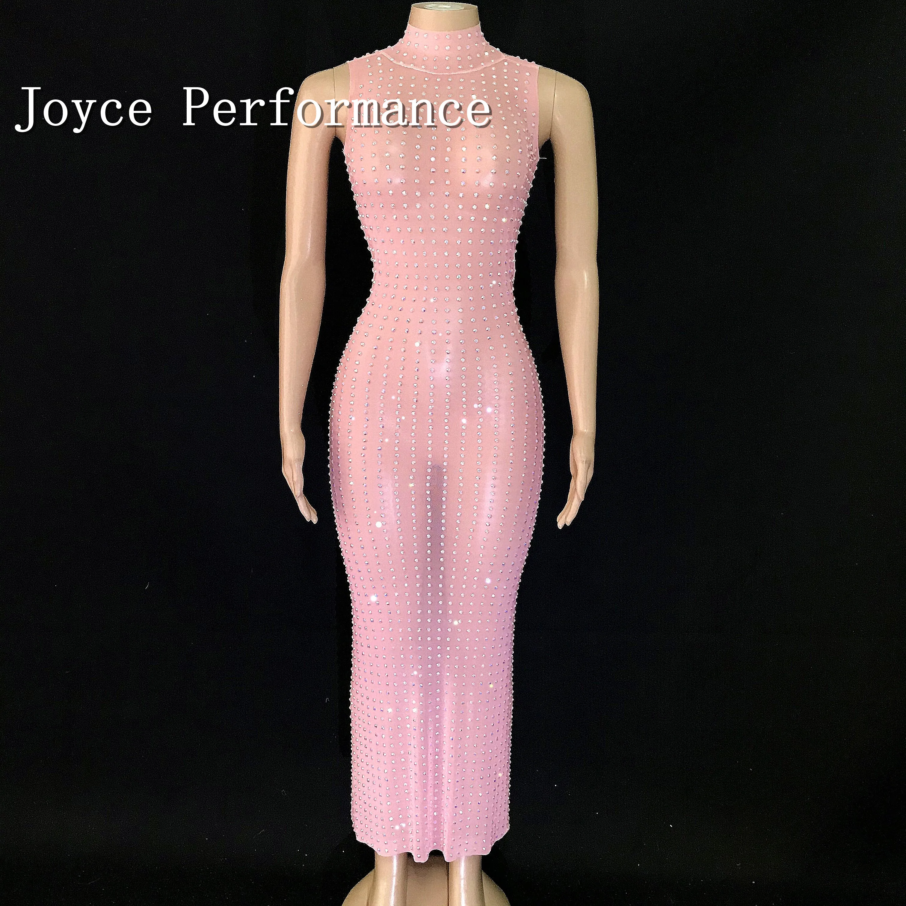 

Full AB Stones Sleeveless Pink Mesh Dress Birthday Celebrate canonicals Female Singer Club Performance Sparkly Dress