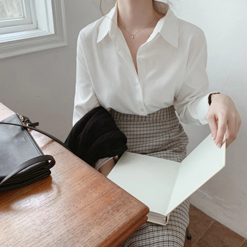 

New 2020 Women Summer Autumn Blouses Shirts Fashionable Single Breasted Casual Vintage Office Minimalist Shirts