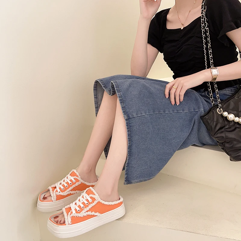 

Shoes Women Slippers Casual Square Toe Low Lady Pantofle Slides Platform Soft Luxury Summer Girl 2021 Flat Basic PU Canvas Cros